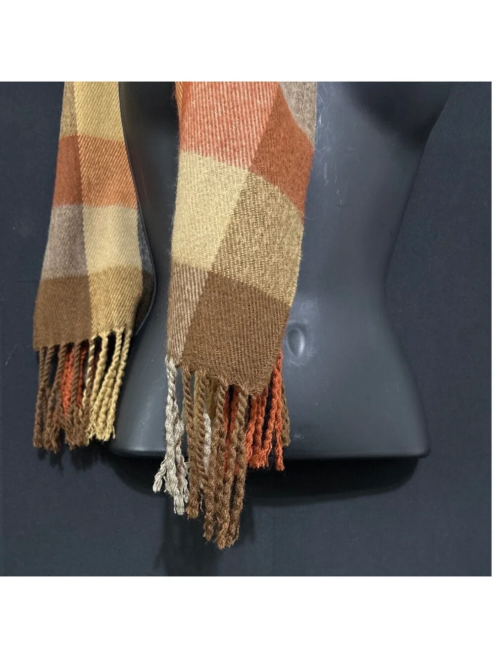 Jeffrey Banks Scarf Mens Chocolate Brown Orange Plaid Fringed Granola Gorpcore